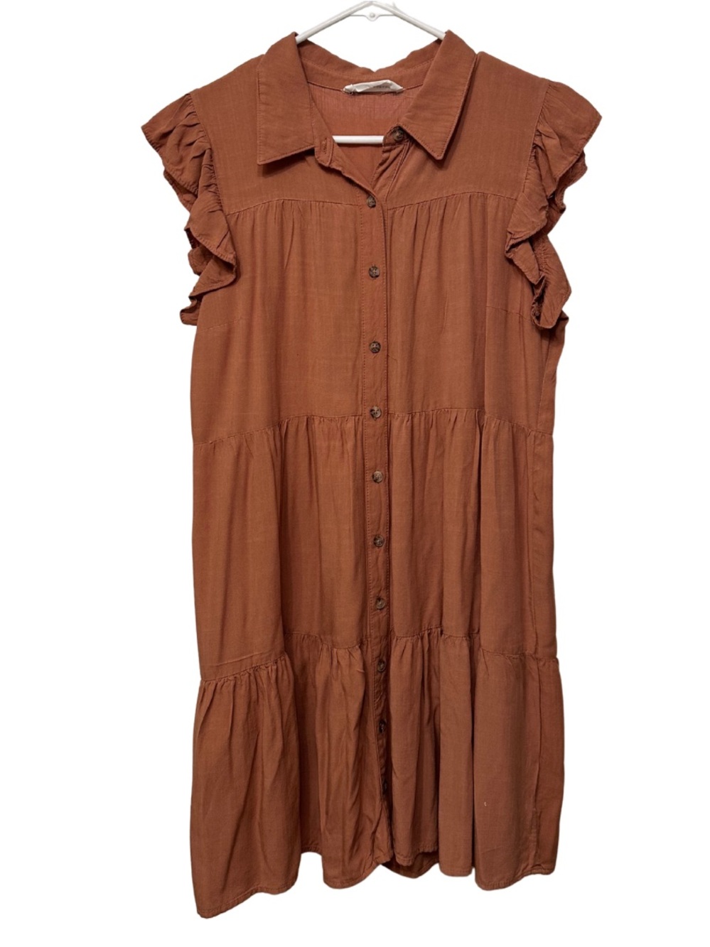 Lucky Brand Rust Tiered Ruffle Sleeve Button Front Mini Dress Medium